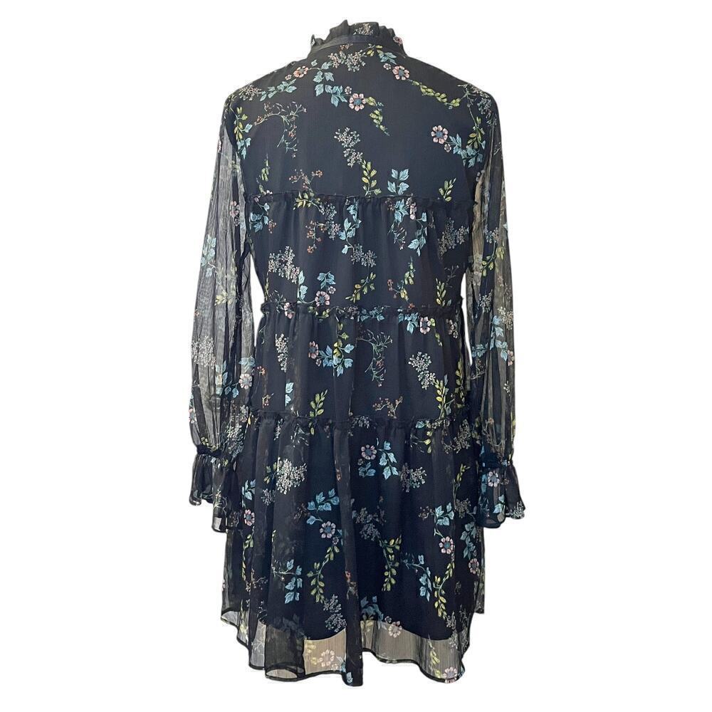 Who What Wear Tiered Dress Womens Small Black Floral Chiffon Above Knee Tie Neck - Picture 2 of 9